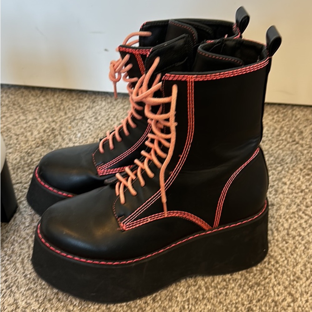 Koi Footwear Black and Pink Platform boots- Grunge, Goth, Streetwear, Y2K